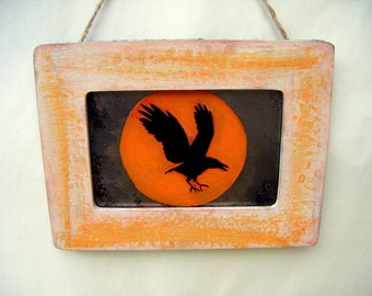 Raven Harvest Moon Mirror: Distressed Rustic Folk Art