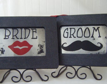 Handcrafted Bride and Groom Mirror Sign Set: Lips and Mustache Wedding Decor