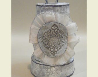 Handmade Paper Mache Bell: Distressed Gray White Cottage Ornament
