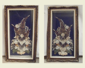 Vintage Seashell Art Shadow Boxes, 1960s Floral Mosaic, Set of Two