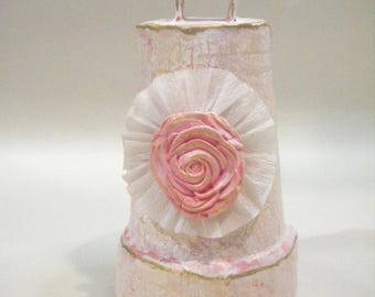 Handmade Paper Mache Bell: Pink Rosette Shabby Chic Home Decor