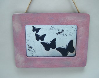 Handmade Antiqued Mirror Wall Art: Pink Butterfly Cottage Decor