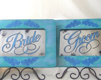 Teal Turquoise Bride and Groom Antiqued Mirror Wedding Signage