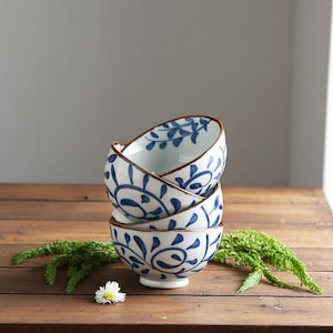 Handmade Japanese Ceramic Rice Bowl: Blue & White Floral Serving Dish