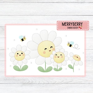 May include: An embroidered design featuring a family of smiling daisies with yellow centers and green stems. Two cartoon bees fly around the flowers. The text "MERRYBERRY EMBROIDERY" is in the upper right corner.