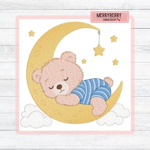 May include: An embroidered design of a sleeping teddy bear in blue striped pyjamas, resting on a yellow crescent moon. Several yellow stars and white clouds surround the bear. The text "MERRYBERRY EMBROIDERY" is in the upper right corner.