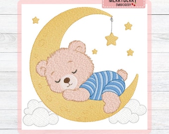 Bear Moon Boy Embroidery Design - Instant Download Digital File for Machine Embroidery - Pattern for Baby, Nursery Decor, (PES DST JEF)