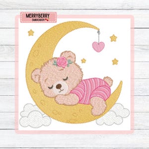May include: An embroidered design featuring a sleeping teddy bear on a crescent moon. The bear wears a pink striped outfit and a rose in its hair. A pink heart hangs from the moon, with stars and clouds completing the design. The text "MERRYBERRY EMBROIDERY" is at the top.