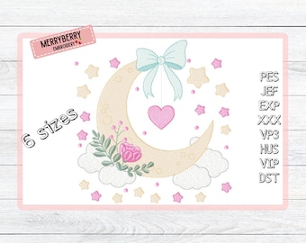 May include: An embroidery design featuring a crescent moon, stars, clouds, and a heart. The moon is beige with floral accents and a light blue bow. The design includes the text "6 sizes" and various file format abbreviations.