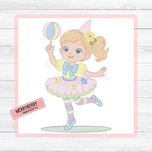May include: A cartoon illustration of a girl in a party outfit. She wears a pink tutu, yellow top, and striped socks. She balances a colorful ball on her finger. The image includes the text "MERRYBERRY EMBROIDERY".