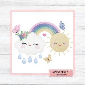 Pode incluir: Um desenho bordado com uma nuvem sorridente com gotas de chuva, um arco-íris, um sol sorridente, borboletas e um coração. O desenho é em cores pastel e tem o texto "MERRYBERRY EMBROIDERY".