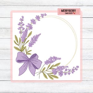 May include: Embroidered design with lavender sprigs, a bow, and a gold-coloured circle on a white background. The design includes the text "MERRYBERRY EMBROIDERY" in a pink rectangle.