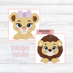 May include: Two embroidery designs featuring cartoon lion cubs. One cub has a pink bow, the other has a brown mane. The text "2 designs included" is below the lion cub with the bow. The Merryberry Embroidery logo is also visible.