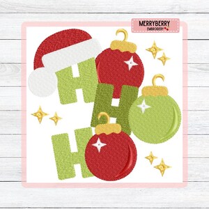 May include: A festive Christmas design featuring the words "HO HO HO" in green, with a red Santa hat and ornaments. The ornaments are red and green with gold accents, and gold starbursts complete the design. The text "MERRYBERRY EMBROIDERY" is in the upper right corner.