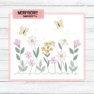 May include: Embroidered floral design featuring daisies, pink and yellow flowers, green leaves, and two yellow butterflies. The design is on a white background with a pink border. The text "MERRYBERRY EMBROIDERY" is at the top.