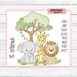 Pode incluir: Design bordado com uma árvore, um elefante, uma girafa e um leão. O design utiliza cores pastel suaves e inclui o texto "6 sizes" e "MERRYBERRY EMBROIDERY". Adequado para projetos de bordado.