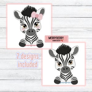 May include: Two embroidery designs of a cartoon zebra with black and white stripes. One zebra has a pink bow. The text "2 designs included" is in a light blue font. The Merryberry Embroidery logo is also visible.