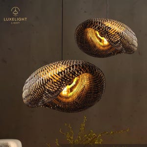 Natural and Black Bamboo Handwoven Pendant Light | LED Ceiling Lamp | Rattan Chandelier Lamp | Handcrafted Home & Bedroom Decor , Cafe lamps