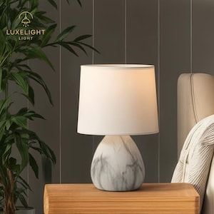 Modern Ceramic Base Bedside Table Lamp, Mini Night Lamp with Cotton Fabric | Soft Ambient Lighting | Minimalist Boho Decor for Cozy Interior