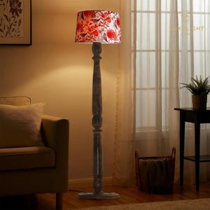 Rustic Walnut Brown Wood Floor Lamp with Multicolor Fabric Shade Antique Style Bedside lamp