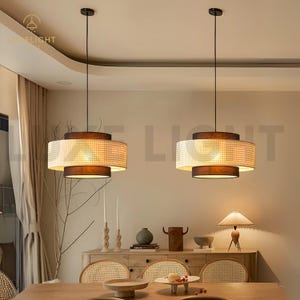 Handwoven Cane Pendant Light - Natural Boho Ceiling Lampshade | LED Ceiling Lamp | Chandelier Lamp Handcrafted Home Bedroom Decor, Cafe Lamp