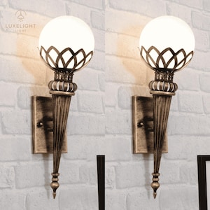 Pair Gold Mashal Shape Wall sconces Antique oil Lamp Rubbed Rustic Vintage Antique Sconce Wall Fixtures for farmhouse & cafe-Bulb included