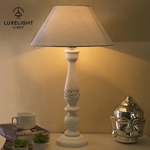Rustic Wooden Table Lamp: Antique Empire Linen Shade, LED Bulb Included