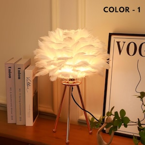 Feather Table Lamp: Rose Gold Tripod, Modern Bedside Light