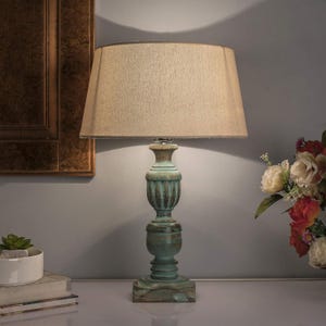 Turquoise Wooden Table Lamp: Rustic Linen Shade, LED Bulb Included