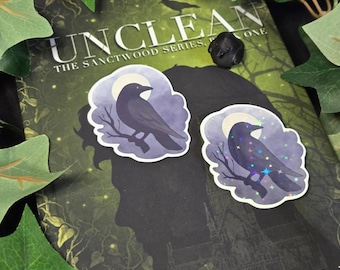 May include: Two die-cut stickers featuring a black raven perched on a branch against a full moon and purple sky. One sticker has a matte finish, while the other features a holographic star pattern overlay. The stickers are placed on a book cover.