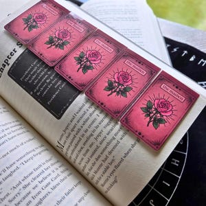 Pode incluir: Cinco marcadores de livros retangulares cor-de-rosa com uma ilustra&ccedil;&atilde;o de rosa e o texto "The Maiden" est&atilde;o colocados em um livro aberto. Os marcadores de livros t&ecirc;m uma est&eacute;tica vintage com uma borda rosa escura e uma rosa.