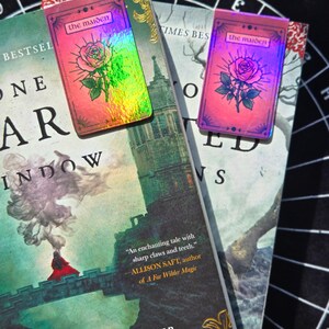 Pode incluir: Tr&ecirc;s livros com marcadores decorativos. Os marcadores apresentam uma ilustra&ccedil;&atilde;o de rosa e o texto "the maiden" em um fundo rosa. Os livros t&ecirc;m t&iacute;tulos como "One Star" e "Times Best". O fundo &eacute; uma superf&iacute;cie preta com letras brancas.
