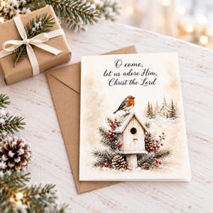 Robin Christmas Notecard, O Come Let Us Adore Him Hymn Card, Christian Holiday Greeting
