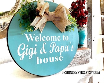 Grandparents Sign  , Gigi and Papa Sign,Door hanger, Wreath ,Round Wood, Turquoise,Teal,  Personalize , Nana, Papa ,Gigi , Meme , Yaya, Oma