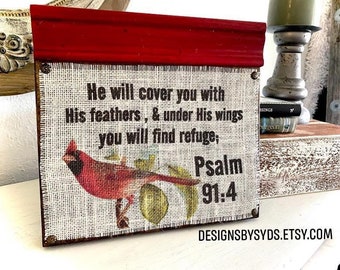 Cardinal Sign, He will cover you with His feathers and Under His Wings, Psalm 91:4 ,Sympathy Sign , Burlap Wood Sign, Red Home Decor