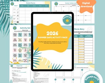 Summer Holiday 2026 Kids' Activity Pack | DIGITAL DOWNLOAD | Weekly Planner | Tasks and Activities | Reading Records | Recipes | Summer |