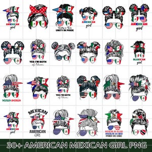 Mexicaans-Amerikaans meisje png-bundel, grappige Latina Pride-sublimatie png, Afro-meisje Amerikaanse Mexicaanse vlag png, Latijns-Amerikaanse erfgoedontwerpen