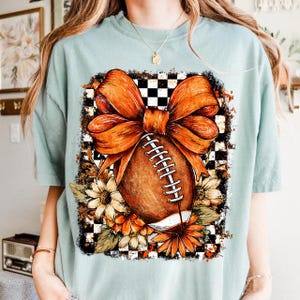 Fall Checker Football Png, Game Day Png Fall Vibes Png, Autumn Png Boho Floral Football Png Touchdown Season Png, Coquette Football Bow Png