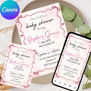 Blush Pink Bow Baby Shower Invitation Editable Elegant Watercolor Coquette Bow Invitation Pink Girl Baby Shower Invite Pink Ribbon Canva