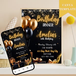 Digital Birthday Dinner Invitation Template, Black Tie Glam Invite, Animated Black Golden Diamond Evite For Men & Women, Self Editable eCard