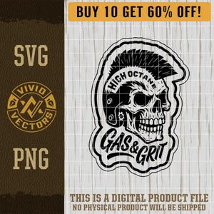 Gas & Grit Skull Biker SVG Motorcycle Racing Dirt Bike Mohawk Skull ATV UTV Laser Engraving File Leather Hat Patch Designs Vector Cut Files
