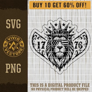 Patriotic Lion 1776 SVG King American Patriotism Stars Stripes We the People PNG Laser Engrave Leather Hat Patch Design Vector Logo Cut File