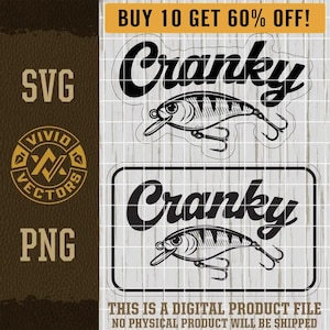 Cranky Crankbait Bass Fishing SVG PNG Fisherman Lure Hook Smallmouth Largemouth Laser Engrave Leather Hat Patch Design Vector Logo Cut File