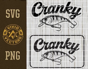 Cranky Crankbait Bass Fishing SVG PNG Fisherman Lure Hook Smallmouth Largemouth Laser Engrave Leather Hat Patch Design Vector Logo Cut File