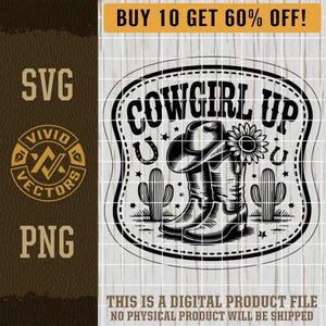 Vaquera arriba SVG Country Western PNG Girasol Botas de vaquero Sombrero Herradura Archivo de grabado láser Diseño de parche de sombrero de cuero Archivo de corte de logotipo vectorial
