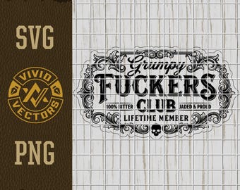 Grumpy Fuckers Club grappige SVG PNG grappige schedel sarcastische volwassen humor snarky trendy lasergraveren lederen hoed patch ontwerp vector logo cutfile