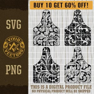 Ear Tag SVG Bundle Cattle Tag PNG Western Tooled Leather Floral Cow Tag Laser Engraving File Rancher Leather Hat Patch Designs Logo Cut File