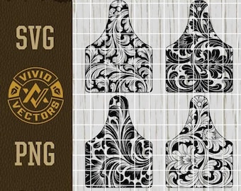 Oormerk SVG-bundel Cattle Tag PNG Western Tooled lederen bloemen koe tag lasergravure bestand Rancher lederen hoed patch ontwerpen logo gesneden bestand