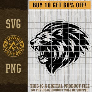 Puede incluir: Un archivo digital SVG y PNG en blanco y negro de una cabeza de tigre rugiendo. La imagen incluye el texto "BUY 10 GET 60% OFF!" y "THIS IS A DIGITAL PRODUCT FILE NO PHYSICAL PRODUCT WILL BE SHIPPED."