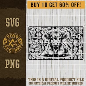 Highland Cow SVG Cute Western Cowboy Country Ranch Farm Cattle Tooled Leather Laser Engrave File Leather Hat Patch Design Vector Cut File